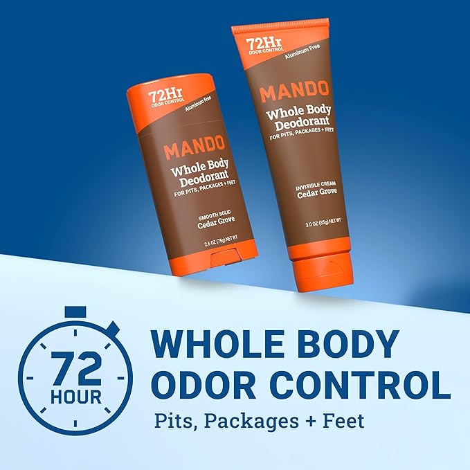 Mando Whole Body Deodorant - Invisible Cream Tube and Solid Stick - 72 Hour Odor Control - Aluminum Free Baking Soda Free Skin Safe - 3.0 Ounce Tube and 2.6 Ounce Solid Stick Bundle - Cedar Grove