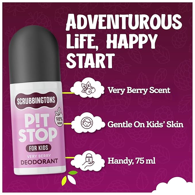 Scrubbingtons Pit Stop Kids Deodorant Natural Roll On For Children Teens. Made in UK 98% Natural Ingredients For Sensitive Skin. Paediatrician approved Aluminium &amp Alcohol Free Very Berry 75ml