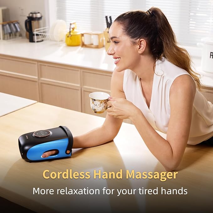 FIT KING Cordless Hand Massager with Compression &amp Heating Fingers Wrap Massage for Arthritis Pain and Carpal Tunnel Large Space for Both Men and Women (Blue)