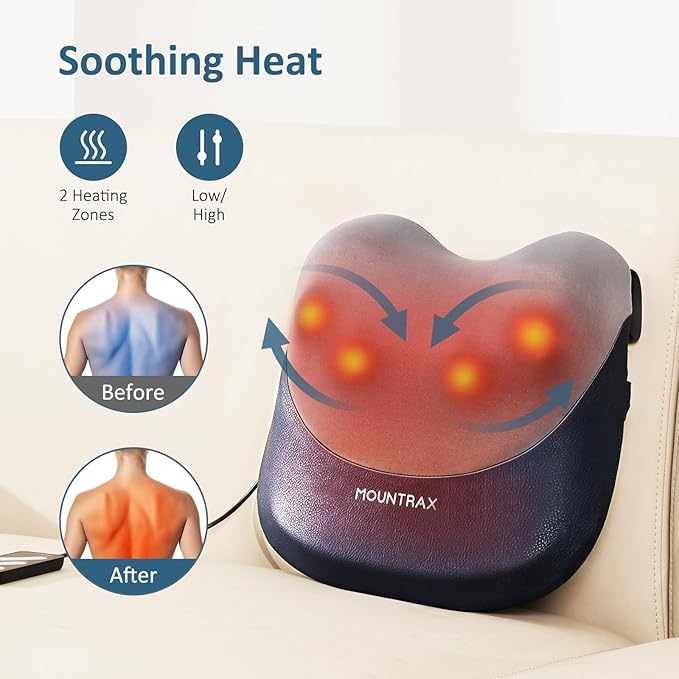 MOUNTRAX Shiatsu Back Massager with Heat Gifts for Women Men Back Massager for Pain Relief Deep Tissue 3D Kneading Massage Pillow for Back