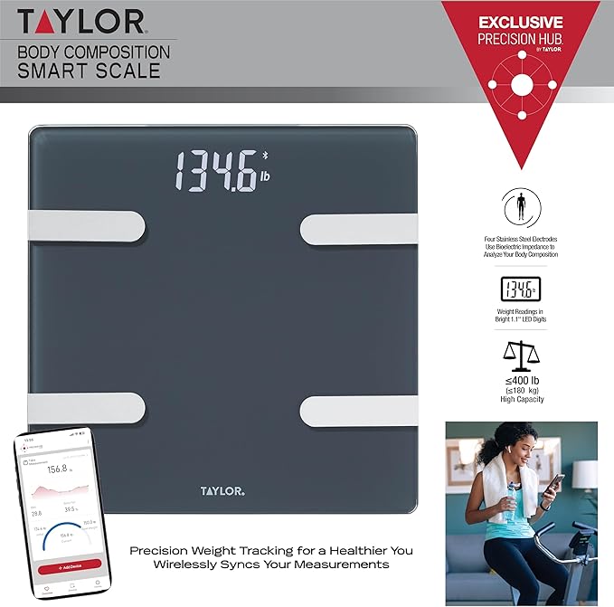 Taylor Smart Body Composition Scale with Precision Hub App for Body Weight with Smart App Connectivity Third Party Sync 400 lb Capacity Durable Glass Platform Charcoal