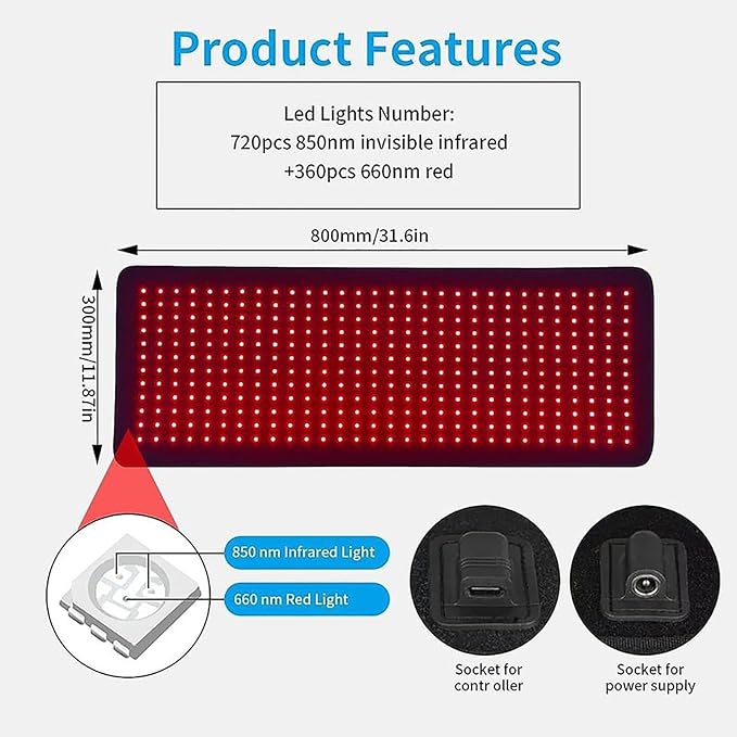 Body Red Light Therapy 31.6*11.87 Red Light Therapy Pad with Dual Chip Level 360 LED 660nm and 850nm Infrared Light Therapy for Body Back Waist Shoulder Knee Pain Relief