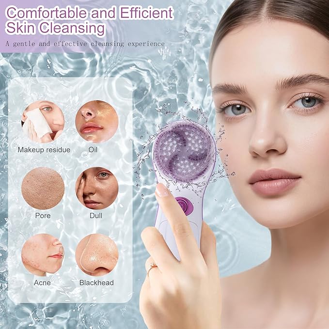 5 in 1 Electrical Facial Cleansing Brush Multi-Function Face Wash Brush with Travel Case and 5 Brush Heads Portable Face Scrubber with 2 Adjustable Speeds for Skin Cleaning and Exfoliating (Purple)