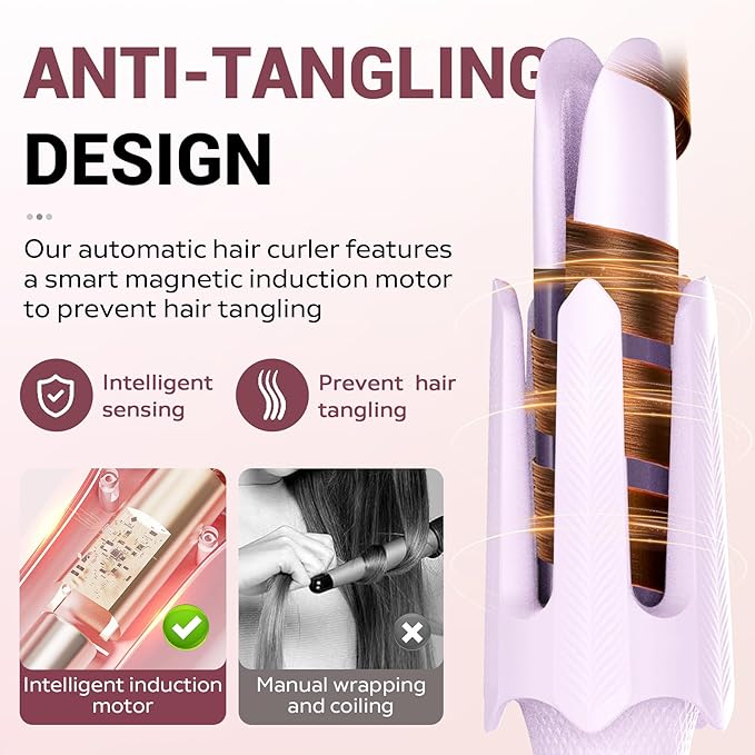 Auto Rotating Hair Curler - 4 Temperature and Timer Settings Automatic Curling Iron with Automatic Shut-Off Anti-Tangle and Scalding Curling Wand for Long Lasting Curls (Purple)