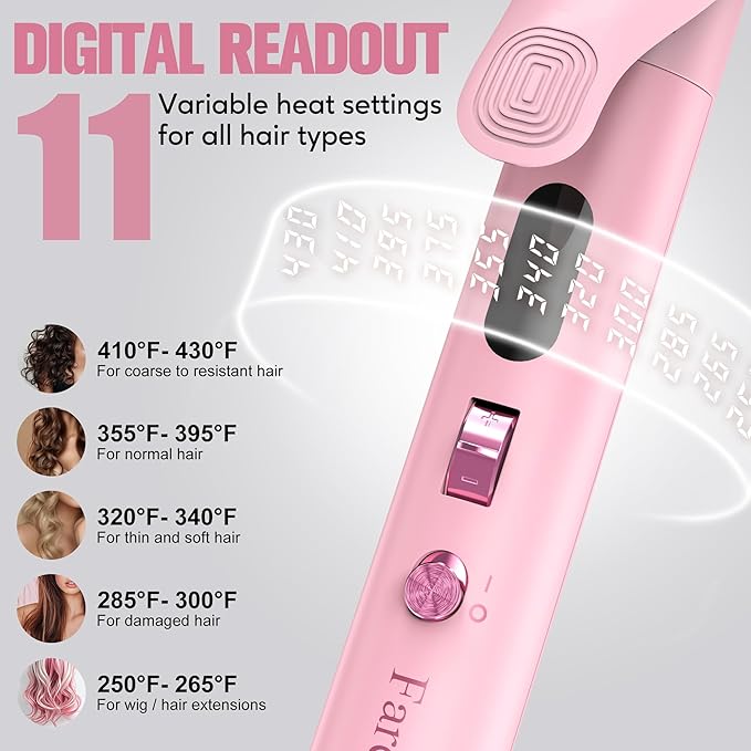 FARERY Long Barrel Curling Iron 1 1/4 inch 1.25 Inch Curling Iron for Thin Hair Infused Argan Oil &amp Keratin 11 Adjustable Temp Include Clips &amp Silicone Pad Pink