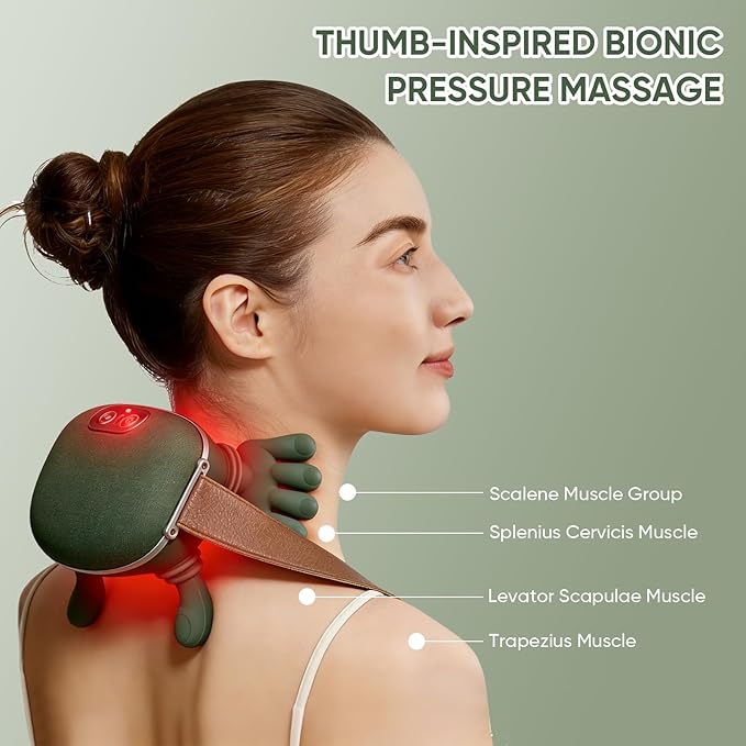 Bionic Neck Massager with Adjustable Heat Portable Deep Tissue 4D Kneading Electric Shoulder Massager Compact Design with Soft Silicone Massage Heads for Relaxation and Comfort