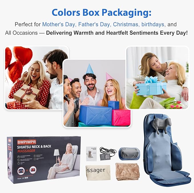Shiatsu Massage Cushion for Neck and Back with Heat - 4D Kneading Vibration for Relief Muscle Tension Dual-Neck Design Adjustable Intensity and Height for Office Chair Home Use Navy Blue
