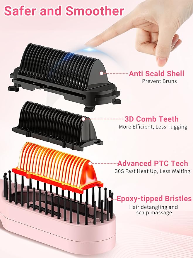 Hair Straightener Brush with Dual Air Vents ABVOT All-in-1 Styling Comb Heat/Cool air Modes Fast Heating &amp Global Voltage Pink