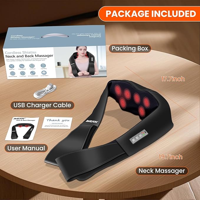 AMZPONY® Cordless Neck Massager for Pain Relief Deep Tissue Rechargeable Shiatsu Neck and Back Massager with Heat Kneading Shoulder Massage for Body Muscle Pain ReliefGifts for Mom Dad Friends