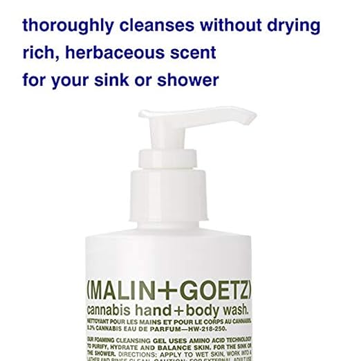 MALIN+GOETZ Hand + Body Wash | Gentle Foaming Cleanser with Botanical Extracts and Amino Acids | Hydrating pH-Balanced Unisex Scent | Vegan &amp Cruelty-Free (Eucalyptus Bergamot Rum Cannabis)