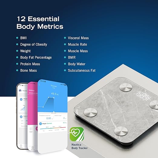 Nautica Body Tracker Digital Bathroom Scale Bluetooth-Enabled Smart Scale with BMI Body Fat Muscle Mass Tracking &amp More Syncs with Smartphone App for Body Composition Tracking 396 Lbs.