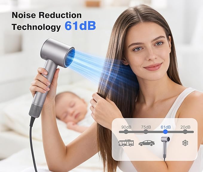 High Speed Ionic Hair Dryer 110000 RPM Brushless Motor for Fast Drying 3.7 Billion Negative Ions for Smooth Hair Low Noise Portable Blow Dryer with Diffuser &amp Concentrator Grey