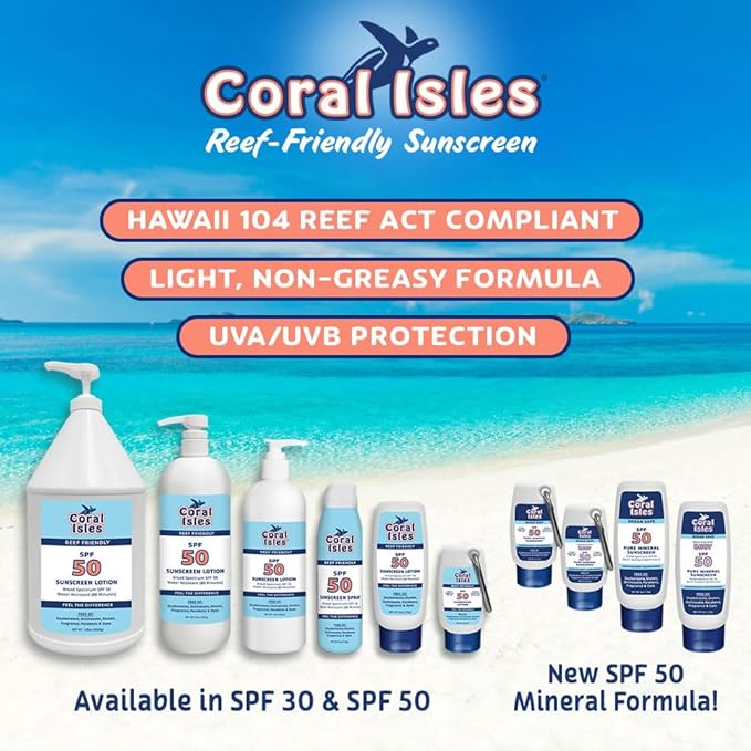Coral Isles by Rocky Mountain Sunscreen | SPF 30 Lotion | Broad Spectrum UVA/UVB Protection | Hawaii Reef-Safe Act Compliant | Oxybenzone &amp Octinoxate Free | Water Resistant 80 Min. | 128 Fl Oz