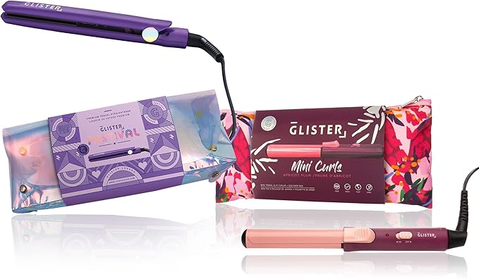 Glister Mini Travel Items with Carrying Pouch Salon-Grade Travel Flat Iron Curler Flat Iron Curling Wand for Normal Thin Dry and Frizzy Hair Holiday Gift for Girls or Guys (Purple &amp Purpl