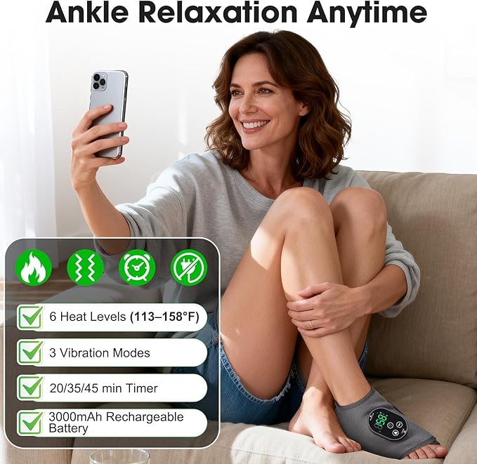 Cordless Foot and Ankle Massager for Pain Relief Ankle Heating Pad with Massage Foot Massage with Heating Foot Heel Pain Relief Adjustable Timer 6 Heat Levels 3 Vibration Modes Single One