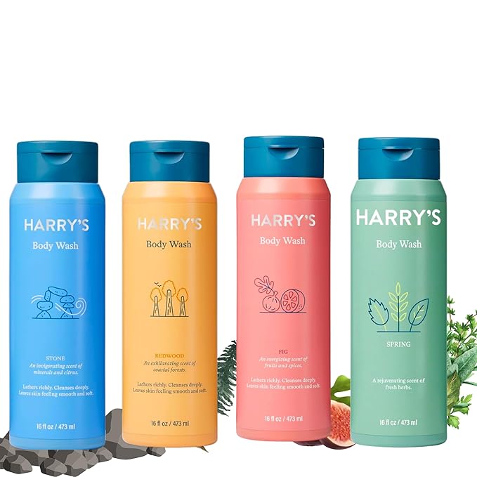 Harry's Men's Body Wash 18 Fl oz (Pack of 4) | Men's Body Wash and Shower Gel Variety Pack - Stone Redwood Fig &amp Spring Scent | Sulfate-Free for Men