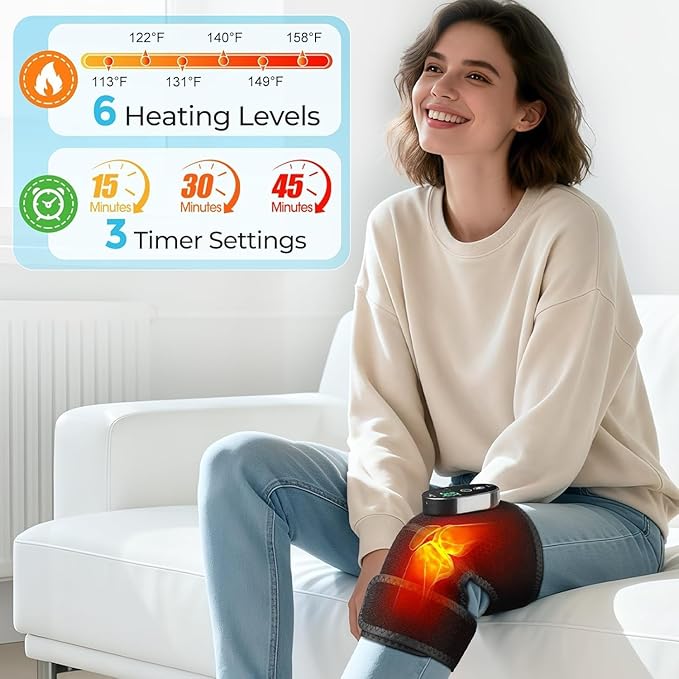 Heated Knee Massager cordless Knee Heating Pad Heated Knee Brace with 6 Heating Levels 3 Massage Modes &amp Timer Rechargeable Support Wrap for Knee Shoulder Elbow Warmers for Arthritis Black(p