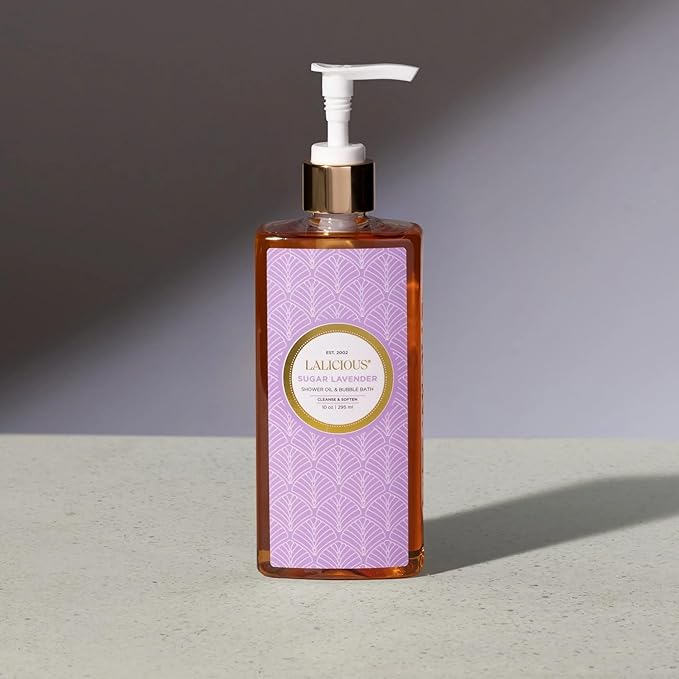 LaLicious Sugar Lavender Shower Oil &amp Bubble Bath - Natural Shower Cleanser with Topical Probiotics &amp Grapeseed Oil - Bath Soap Product for Shower Bath &amp Shaving No Parabens (10oz)