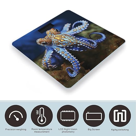 Blue Ringed Octopus Weight Scale Large Bathroom Scales Digital Weight with Bright LED Display Non Slip Automatic Weighing Scale Fashion Weighing Machine for Body