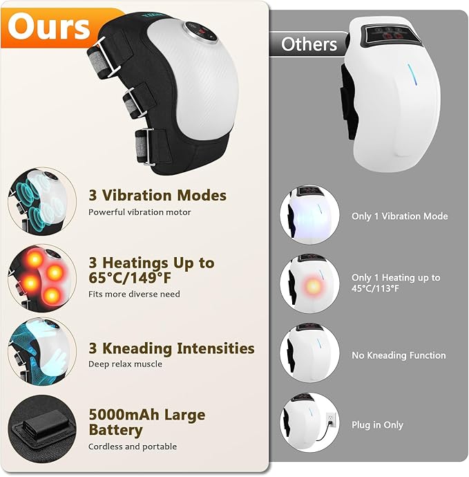 Electric Knee Massager for Relaxation Heating Pad with 3 Vibration Modes Heated Knee Brace Wrap 5000mAh High-capacity Battery Cordless and Portable Massager Gift for Men Women Black 1 Pack