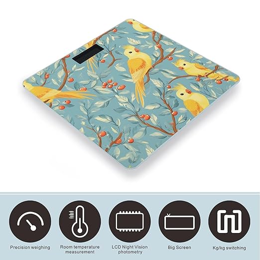 Yellow Parrot Birds Branches Berries Digital Bathroom Scale for Body Weight Lighted LCD Display Round Corner