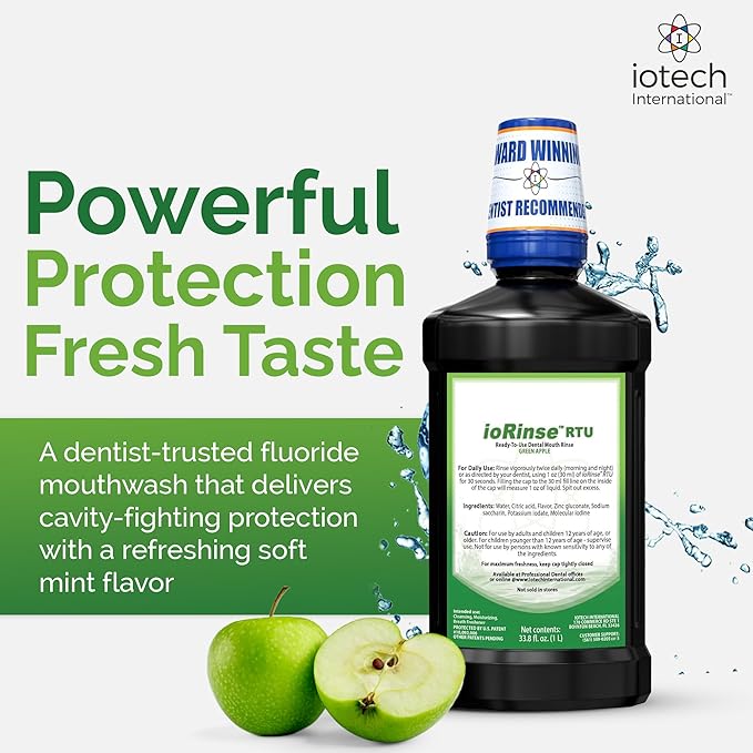 ioRinse Ready-to-Use (RTU) Mouthwash for Fresher Breath Halitosis Relief Alcohol-Free Fluoride-Free and a Professional Clean Original ioRinse RTU Mouth Wash Zero Alcohol - Green Apple Flavor 1L