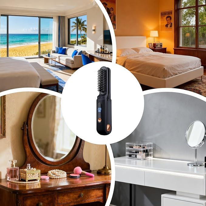 Flat Iron Hair Straightener | 2-in-1 LED Display Rechargeable Brush3 Temperature Settings Hair Straightener and Curler | for Women Men Travel Beach Styling Salon Home
