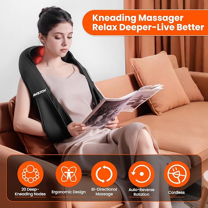 AMZPONY® Cordless Neck Massager for Pain Relief Deep Tissue Rechargeable Shiatsu Neck and Back Massager with Heat Kneading Shoulder Massage for Body Muscle Pain ReliefGifts for Mom Dad Friends