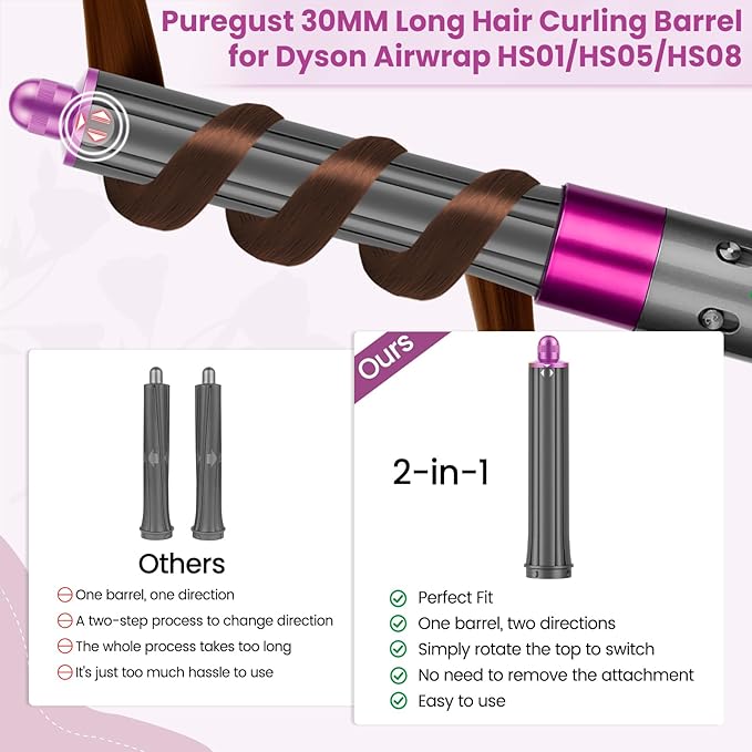1.2IN Long Hair Barrels Attachment Compatible with Dyson Airwrap HS01 HS05 HS08 Accessories Automatic Curling Iron Curlers for Soft Inward Curls Voluminous Outward Waves Rose