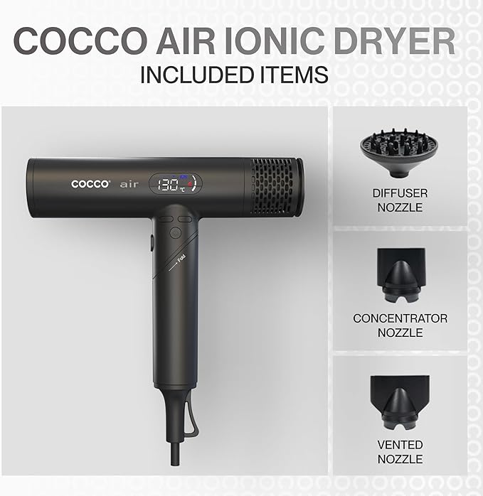 COCCO Iconic Air Ionic Hair Dryer Black – Professional High-Speed 110000 RPM Brushless Blow Dryer with Diffuser – Infrared Technology 4 Heat Modes Dual Voltage Lightweight Salon Hair Dryer