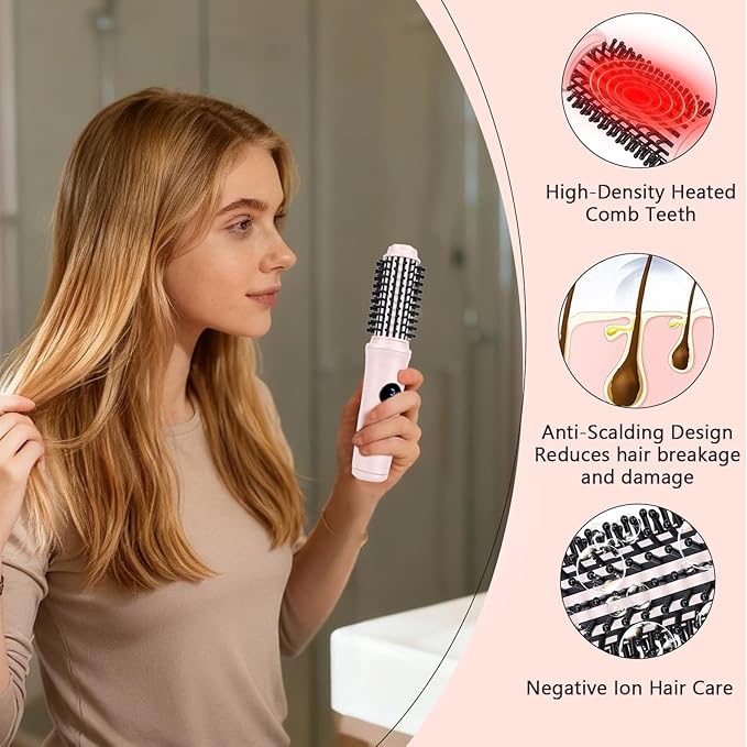 Cordless Curling Iron Brush for All Hairs Hot Hair Comb for Travel USB Recharged Ceramic Curling Wand Electric Heated Round Brush with 10 Temp Mini Dual Straightener Tools for Short Long Hairs