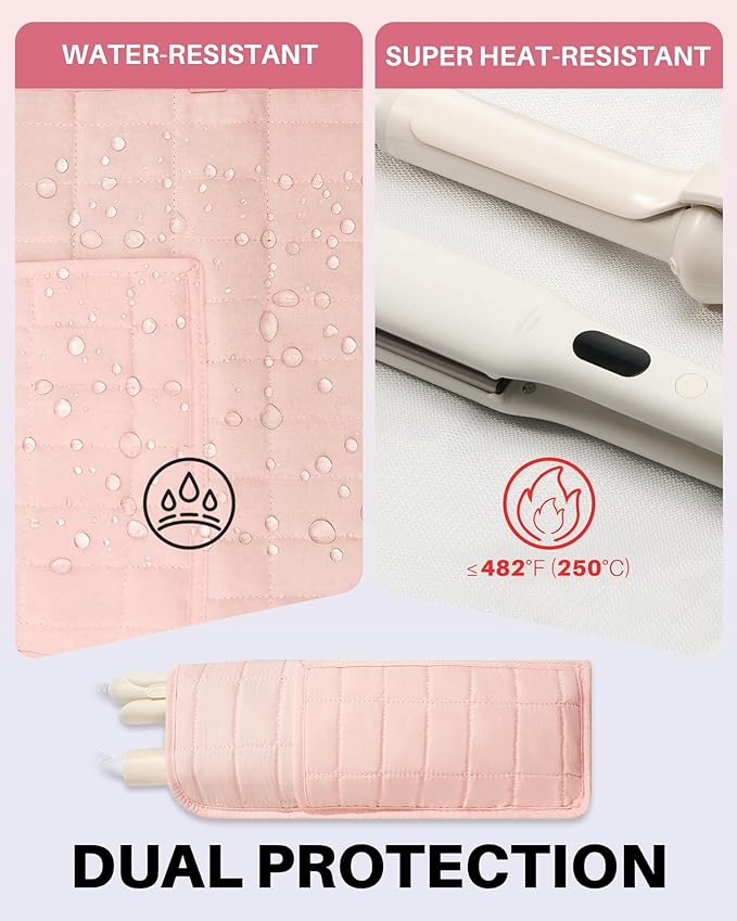 Hot Tools Travel Case with Heat Resistant Mat Pouch Large Hair Tool Organizer Bag for Curling Iron Flat Iron Hair Dryer Hot Air Brush Water Resistant Makeup Bag Gift for Women Pink
