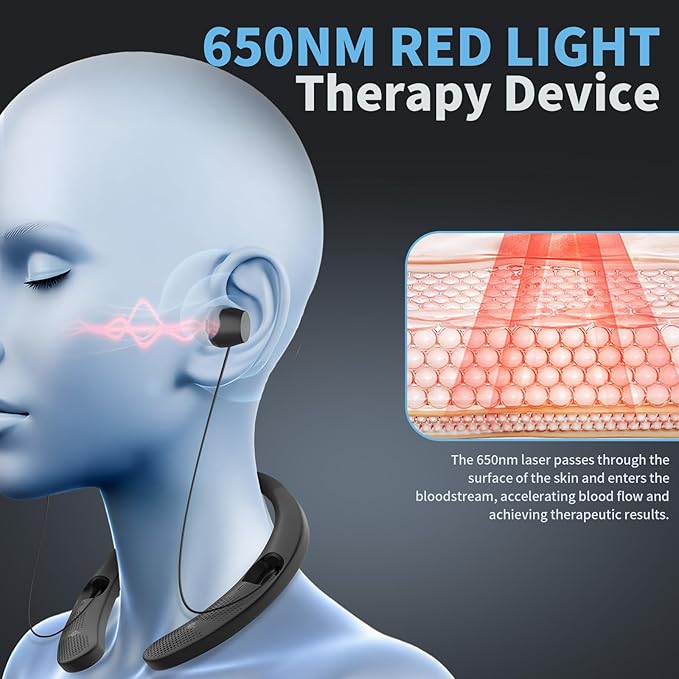 Red Light for Ears Portable Ear Wellness Device Wearable Red Light Device Neckband Design with Adjustable Earbud Cord Featuring 3-Level Adjustment