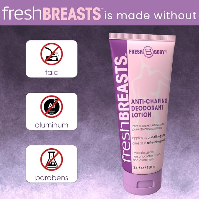 Fresh BREASTS Anti Chafing Deodorant Lotion to Powder 3.4oz (2 Pack) - Anti Chafe Cream Whole Body Deodorant for Women Inner Thighs &amp Areas that Sweat No Talc Aluminum or Added Fragrance