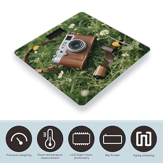 Vintage Leather Camera Scale for Body Weight Sturdy Tempered Glass Weighing Scales with LCD Display Accurate Digital Bathroom Scale Convenient Body Fat Smart Scales Easy Read