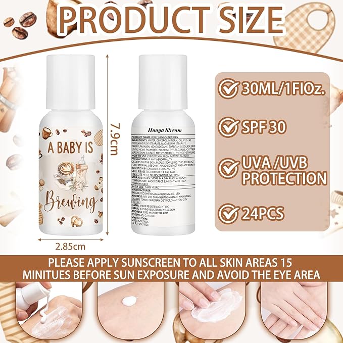 24 Pcs A Baby Is Brewing Baby Shower Decorations Travel Size Mini Sunscreen Bulk SPF 30+ Coffee Theme Party Favor Small Sunscreen for Guests Gender Reveal Souvenirs Prizes 1 Fl. oz