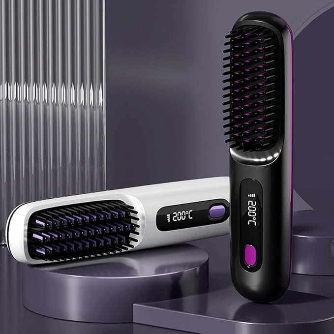 Cordless Hair Straightener Brush Portable on the Go Comb for Travel Usb Chargingtwo Power Sources 30s Fast Heatinglcd Large Screen Display(Purple)