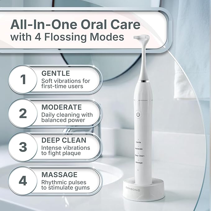 Electric Flosser Kit with Tongue Scraper | No Water No Mess | Easy Gliding Dental Floss for Gentle Gum Care | Cordless Sonic Power | 50 Replaceable Heads [Glacier White]