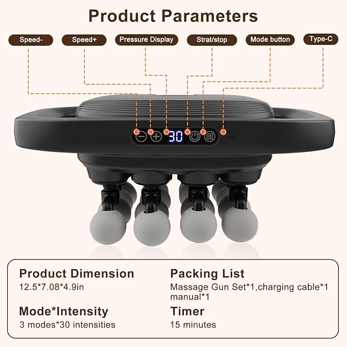 16 Head Massage Gun Set Deep Tissue Massage Gun Portable with 3 Modes &amp 30 Intensities Portable Quiet Percussion Massager for Legs Waist Back Neck Buttocks Muscles Fatigue Relief