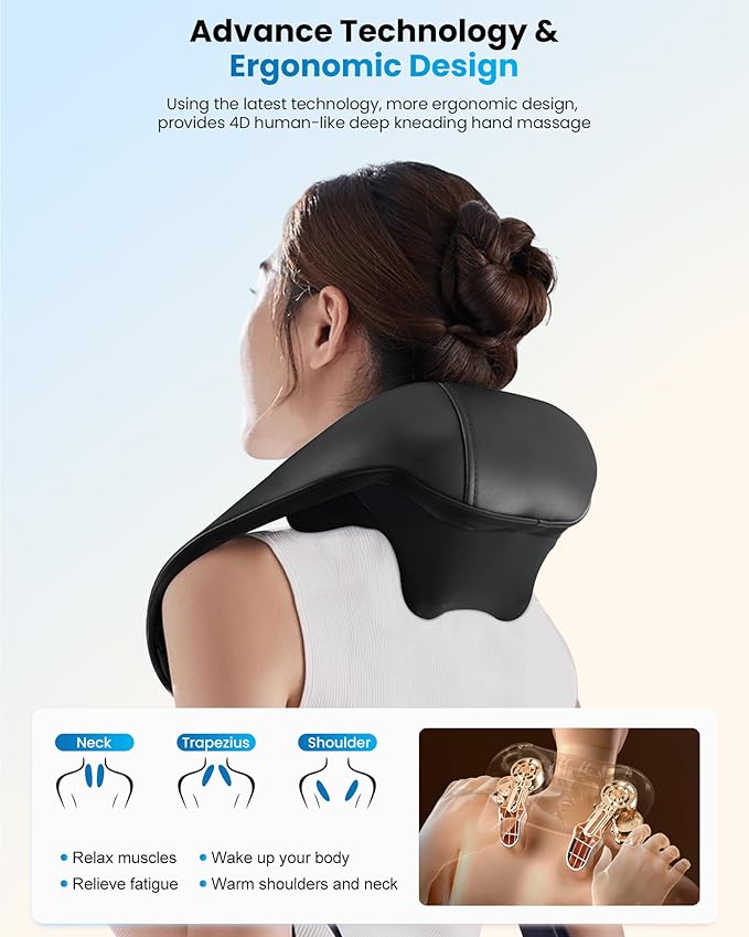COMFIER Shiatsu Neck Massager with Heat Cordless Neck and Shoulder Massager for Pain Relief Deep Tissue Graphene Heating 4D Kneading Massage Pillow -Black