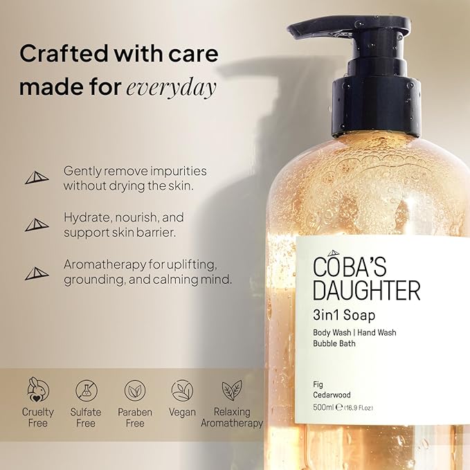 COBA'S DAUGHTER 3in1 Soap | Bubble Bath Body Wash &amp Hand Wash | Aromatherapy-Infused with Fig &amp Cedarwood | Inulin &amp Seaweed Extract for Exfoliated Balanced &amp Nourished Skin (16.9 Oz