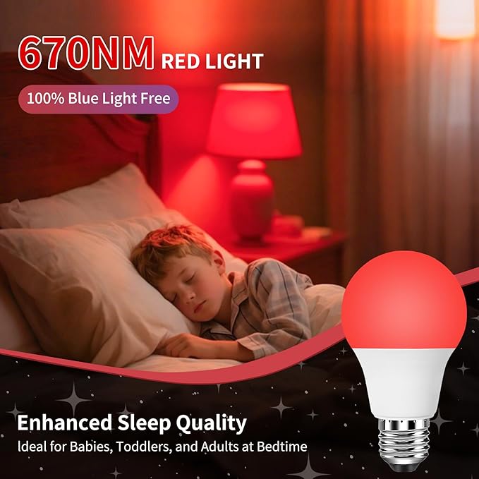 Aogled Red Light Bulbs for Sleep 9W E26 Red Night Light670nm LED Light Bulb A19 120V Equivalent Dim Light Bulbs for BedroomBaby NurseryNatural Sleep