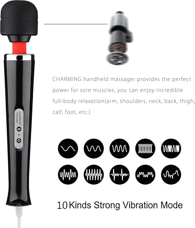 CHARMING Wired Powerful Handheld Massager with Strong 10 Vibrations Back Massage Personal Therapy Massager for Sports Recovery Muscle Aches Full Body Pain (Black)