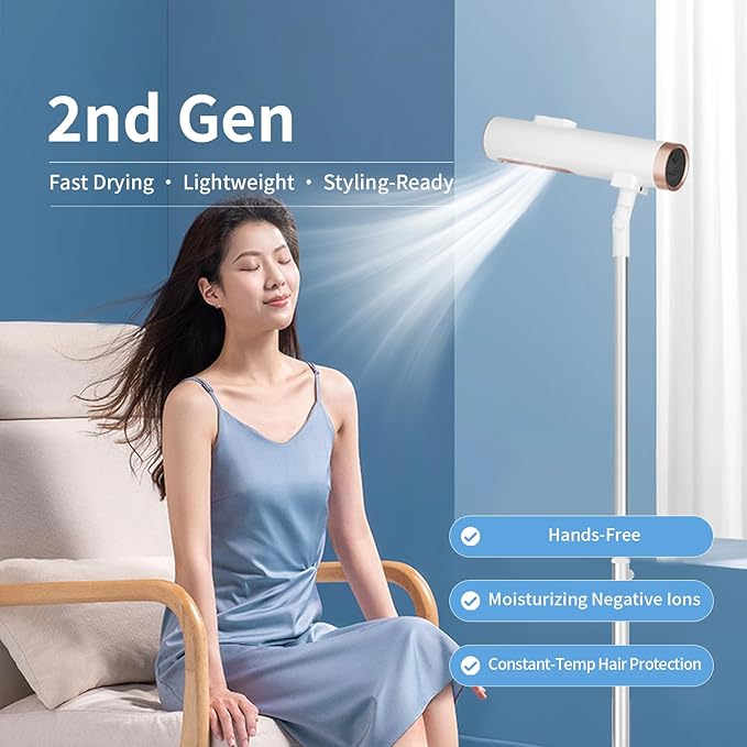 Adjustable Standing Hair Dryer Hands-Free Vertical Blow Dryer with Cool/Hot Air Settings Space-Saving Design for Bathroom Salon &amp Home Use - Includes Diffuser &amp Concentrator