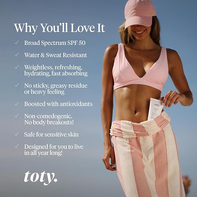 Toty by Sofia Vergara - Solaria Body SPF 50 Refreshing Antioxidant Sunscreen - UVA/UVB Protection - Weightless Body SPF for All Skin Types - Water &amp Sweat Resistant - 5.07 fl oz