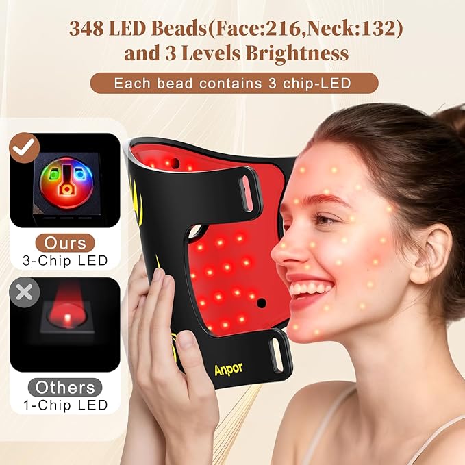 Red Light Therapy for Face and Neck Chest Red Light Therapy Mask 850nm Infrared Light Rechargeable 2000mAh Red Light Mask with 348 LED Beads 4 Modes Timer for Anti-Aging Wrinkles Repair (Black)
