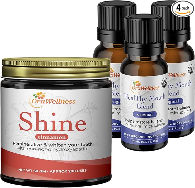 OraWellness Shine Remineralizing Natural Teeth Whitening Powder in Cinnamon + Pack of 3 Healthy Mouth Blend Organic Toothpaste &amp Mouthwash Alternative Tooth Oil