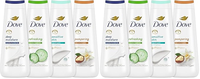 Dove Body Wash Deep MoistureSensitive SkinCucumber and Green Teaand Shea Butter &amp Vanilla Collection Skin Cleanser with 24hr Renewing MicroMoisture 20 oz(Pack of 8)