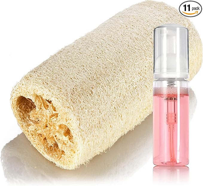 1.7 oz Single Foamer Pump Shower Gel Bottle with 12 Pack Natural Loofah Body Scrub (5 inches)