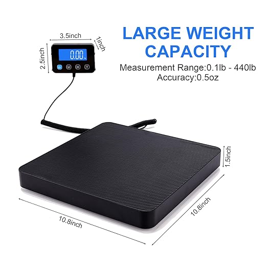 Digital Shipping Scale 5g High Accuracy 440 lb Postal Scale with Hold and Tare Functions for Parcels/Luggage/Home Silicone Surface Extended LCD Display Batteries and AC Adapter Included